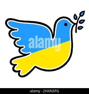 Colomba di pace nei colori della bandiera Ucraina. Fermare la guerra in Ucraina. Semplice simbolo disegnato a mano, illustrazione vettoriale. Illustrazione Vettoriale