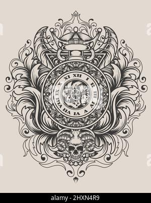 illustrazione orologio antico con ornamento da incisione Illustrazione Vettoriale