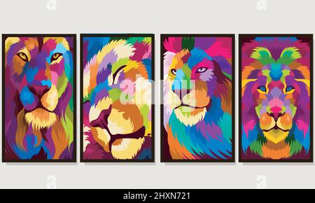 Set illustrazione testa di leone colorato con pop art stile Illustrazione Vettoriale