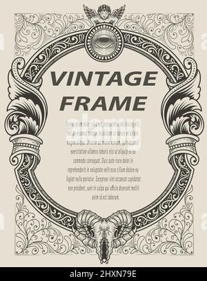 illustrazione telaio di incisione antico in stile monocromatico Illustrazione Vettoriale