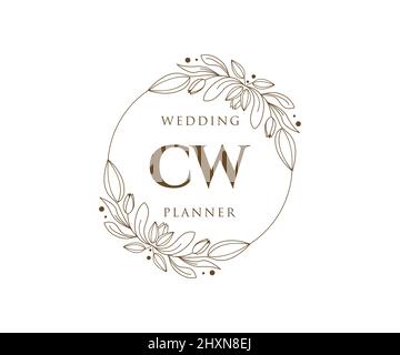 CW iniziali lettera Wedding monogramma collezione loghi, disegnati a mano moderni minimalistici e modelli floreali per carte di invito, Salva la data, elegante Illustrazione Vettoriale