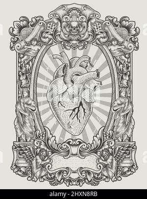illustrazione cuore umano con ornamento antico da incisione Illustrazione Vettoriale