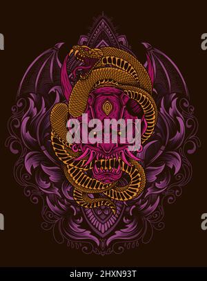 illustrazione maschera di oni rossi con serpente e ornamento da incisione Illustrazione Vettoriale