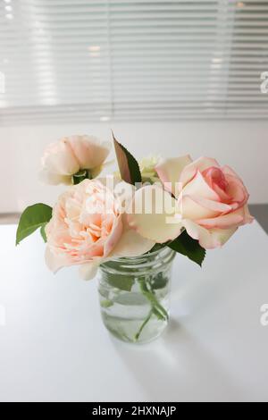 rose nel vaso, rosa rosa sul tavolo Foto Stock