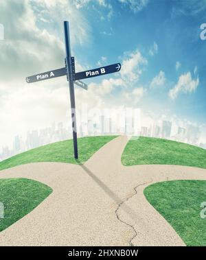 Tutte le strade portano a questo. Illustrazione di una strada divisa in direzioni che portano a piani diversi. Foto Stock