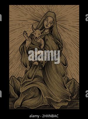 illustrazione del baphomet del bambino e della madre con stile di incisione Illustrazione Vettoriale