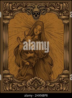 illustrazione del baphomet del bambino e della madre con lo stile dell'ornamento dell'incisione Illustrazione Vettoriale