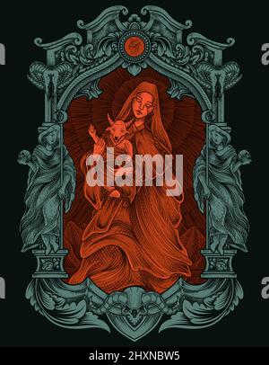 illustrazione del baphomet del bambino e della madre con lo stile dell'ornamento dell'incisione Illustrazione Vettoriale