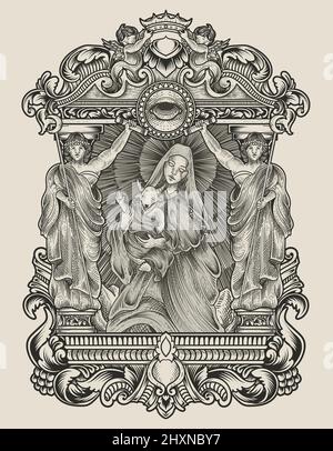 illustrazione del baphomet del bambino e della madre con lo stile dell'ornamento dell'incisione Illustrazione Vettoriale