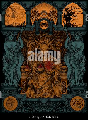 illustrazione king satana su incisione gotica ornamento stile Illustrazione Vettoriale
