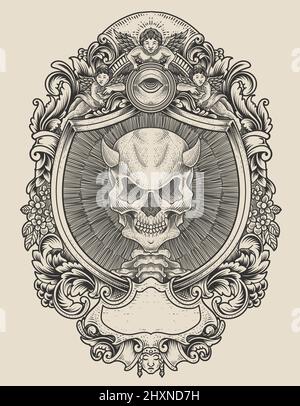 illustrazione demone cranio con incisione ornamento stile Illustrazione Vettoriale