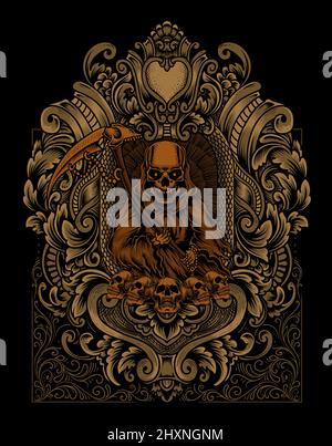 illustrazione angelo della morte con cornice d'incisione d'epoca Illustrazione Vettoriale