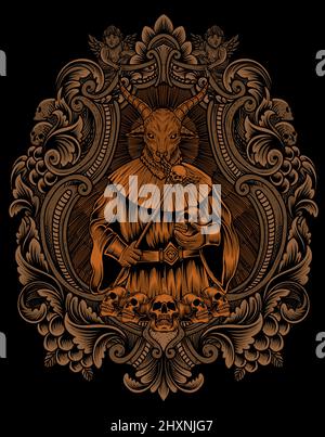illustrazione spaventoso baphomet su incisione cornice ornamento Illustrazione Vettoriale