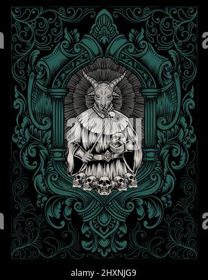 illustrazione spaventoso baphomet su incisione cornice ornamento Illustrazione Vettoriale