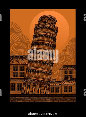 Illustrazione torre Pisa vintage con stile incisione Illustrazione Vettoriale