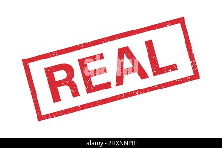 Francobollo in gomma per supporti e documenti. Adesivo con vero segno. Simbolo di verità. Grunge rosso vintage etichetta quadrata. Illustrazione vettoriale Illustrazione Vettoriale