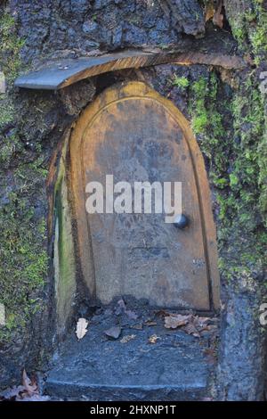 piccola porta scolpita in tronco di albero, Foto Stock