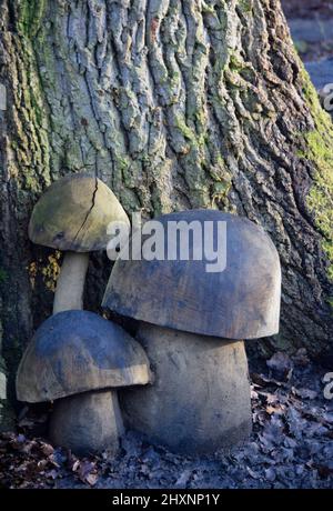 sgabelli scolpiti, suffolk, inghilterra, Foto Stock