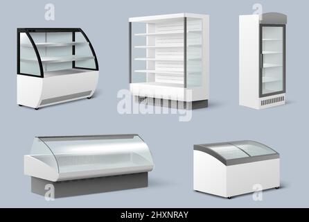 Set di montaggio frigorifero con display commerciale, illustrazione vettoriale. Frigorifero al dettaglio vuoto per supermercato o negozio di alimentari. Illustrazione Vettoriale