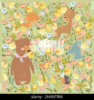 Carino Cartoon animali riunione primavera su Flowers Meadow Illustrazione Vettoriale