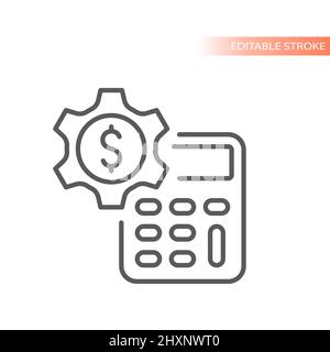 Calcolatrice con icona del vettore della linea di trasmissione del denaro. Simbolo evidenziato per il calcolo della gestione finanziaria. Illustrazione Vettoriale