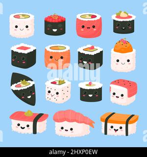 Dolci sushi roll. Kawaii divertenti personaggi giapponesi del cibo, cucina asiatica, fumetti di cucina emoji, riso in alghe nori con volti, mascotte con felice Illustrazione Vettoriale