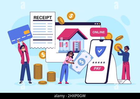 Le persone pagano le fatture mobile banking. Pagamento delle commissioni di fatturazione, tecnologie online, conto bancario personale, applicazione portafoglio elettronico, carta uomo in attesa, donna con Illustrazione Vettoriale