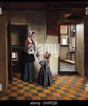 Donna con un bambino in una dispensa di Pieter de Hooch (1629-c.1683), pittore olandese dell'età dell'oro famoso per le sue opere di genere, e cenes con una porta aperta.Contemporary di Jan Vermeer nella Gilda Delft di San Luca Foto Stock