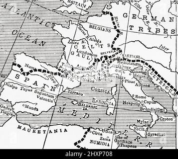 Mappa dell'Europa occidentale che mostra come le diverse razze da cui discendono i francesi moderni furono distribuite nel 100BC, prima dei giorni dell'Impero Romano. Dal Paese delle meraviglie della conoscenza, pubblicato c.1930 Foto Stock