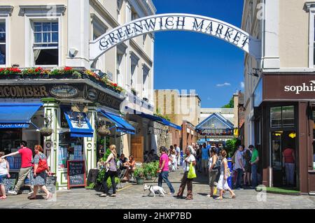 Ingresso segno, mercato di Greenwich, Durnford St, Greenwich, London Borough of Greenwich, Greater London, England, Regno Unito Foto Stock