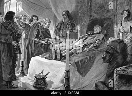 Guerre de cent ans : Bertrand du Guesclin sur son lit de mort, le gouverneur vient deposer les clefs de la Place sur sa depouille, 13 juillet 1380 1905' (morte di Bertrand du Guesclin 13th juiy 1380) gravure tiree de 'Sang gaulois' d'Edouard Zier Collezione privee Foto Stock