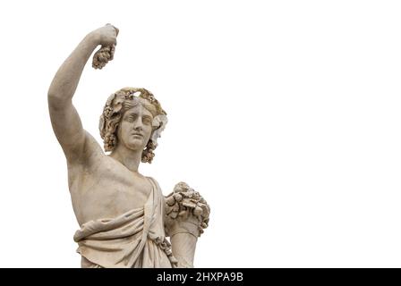 Paganesimo in tempi antichi. dio romano o greco Bacco con uva, una statua marmorea neoclassica, eretta nel 19th secolo nel centro storico di Roma Foto Stock