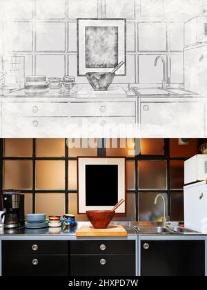 Progetto per una cucina moderna in mansarda grungy e la sua realizzazione finale Foto Stock