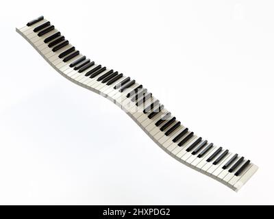 Onda astratta fatta di tasti pianoforte isolati su bianco. Illustrazione astratta 3D. Foto Stock