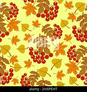 Illustrazione vettoriale delle piante in autunno, foglie gialle e bacche rosse di rowan Illustrazione Vettoriale