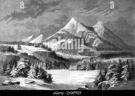 Inverno nel San Francisco Peaks Park delle San Francisco Mountains e Humphreys Peak, a 3851m, la vetta più alta in Arizona. Illustrazione o incisione vintage 1860. Foto Stock