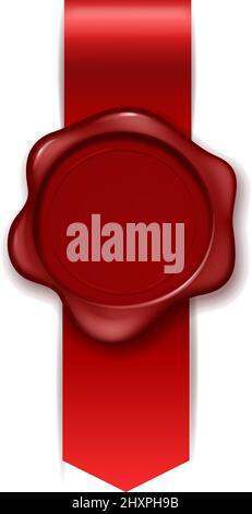 Guarnizione in gomma rossa con nastro di seta. Modello timbro realistico Illustrazione Vettoriale