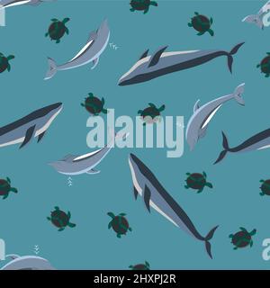 Cute capretti modello senza cuciture con balene, delfini e tartarughe, fatto in vettore. Modello SEA LIFE per tessuti, tessuti. Illustrazione Vettoriale