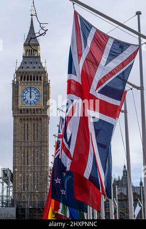 WESTMINSTER ] LONDRA, REGNO UNITO. 14 marzo 2022. Le bandiere delle nazioni del Commonwealth sono volate in Piazza del Parlamento come oggi segna il giorno del Commonwealth. Una serie di eventi si terrà con un servizio a Westminster Abbey. Credit: amer Ghazzal/Alamy Live News Foto Stock