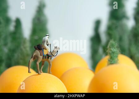 Fotografia creativa in miniatura di personaggi giocattolo. Un uomo che indossa abiti bianchi kandura cavalcando cammello sopra la palla gialla in cielo luminoso. Foto immagine Foto Stock