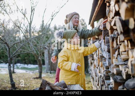 Ragazzo con sindrome di Down che lavora in giardino in inverno con la nonna. Foto Stock