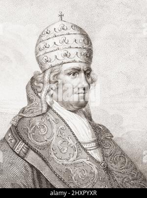 Papa Clemente XIV, 1705 – 1774. Italiano. Nato Giovanni Vincenzo Antonio Ganganelli. Fu eletto Papa nel 1769. Dettaglio di un ritratto del 1784 di Trotter. Foto Stock