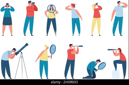 Persone che guardano attraverso binocoli e lente d'ingrandimento. Personaggi alla ricerca di opportunità e nuove idee, l'uomo guardare nel futuro vettore set. Lavoratori di sesso femminile e maschile con vetro spia o cannocchiale Illustrazione Vettoriale