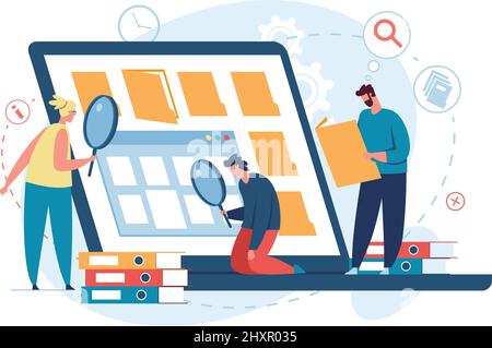 Persone che ricercano file, organizzano database digitali, archivi di file. Caratteri Ricerca di informazioni, concetto di vettore di organizzazione del documento. Uomo e donna che fanno ricerca con lente d'ingrandimento Illustrazione Vettoriale