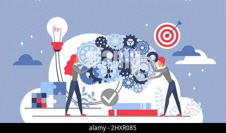 Gli uomini d'affari generano illustrazione vettoriale creativa di nuova idea. Il team di personaggi uomo e donna di Cartoon crea tecnologia innovativa, sposta le ruote dentate. Lavoro di squadra all'avvio, concetto di processo mentale Illustrazione Vettoriale