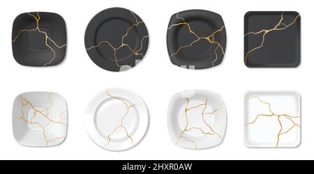 Kintsugi, lastre rotte con crepe dorate, arte giapponese di riparazione. Riparazione di ceramiche incrinate con set vettoriale in oro e marmo. Vasellame bianco e nero di diverse forme Illustrazione Vettoriale