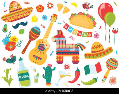 Elementi di doodle messicani, decorazioni festival cinco de mayo. Messico simboli e cibo vacanza, tequila, pinata, sombrero, chitarra vettore set. Celebrazione tradizionale con oggetti divertenti Illustrazione Vettoriale