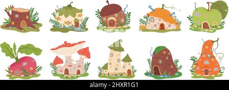 Cartoon giardino gnome case, carino fiaba nane casa. Fantasy foresta elfi edifici in forma di funghi, zucca, mela vettore set. Piccole case magiche con verde isolato su bianco Illustrazione Vettoriale