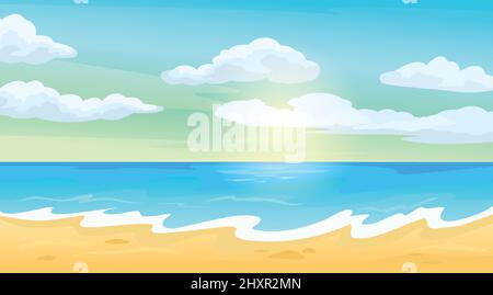 Paesaggio marino, costa tropicale, mare in giornata di sole. Scena paradiso della spiaggia estiva, esotica isola vacanza vettore illustrazione. Oceano, cielo blu con nuvole e sabbia per il riposo Illustrazione Vettoriale