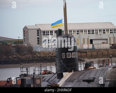 Rochester, Kent, Regno Unito. 14th Mar 2022. Ex-sottomarino russo 'U-475 Black Widow' - un sottomarino della Marina sovietica del periodo della Guerra fredda situato sul fiume Medway vicino Rochester / Strood attualmente sta visualizzando una bandiera Ucraina per mostrare il supporto per il popolo ucraino. Credit: James Bell/Alamy Live News Foto Stock